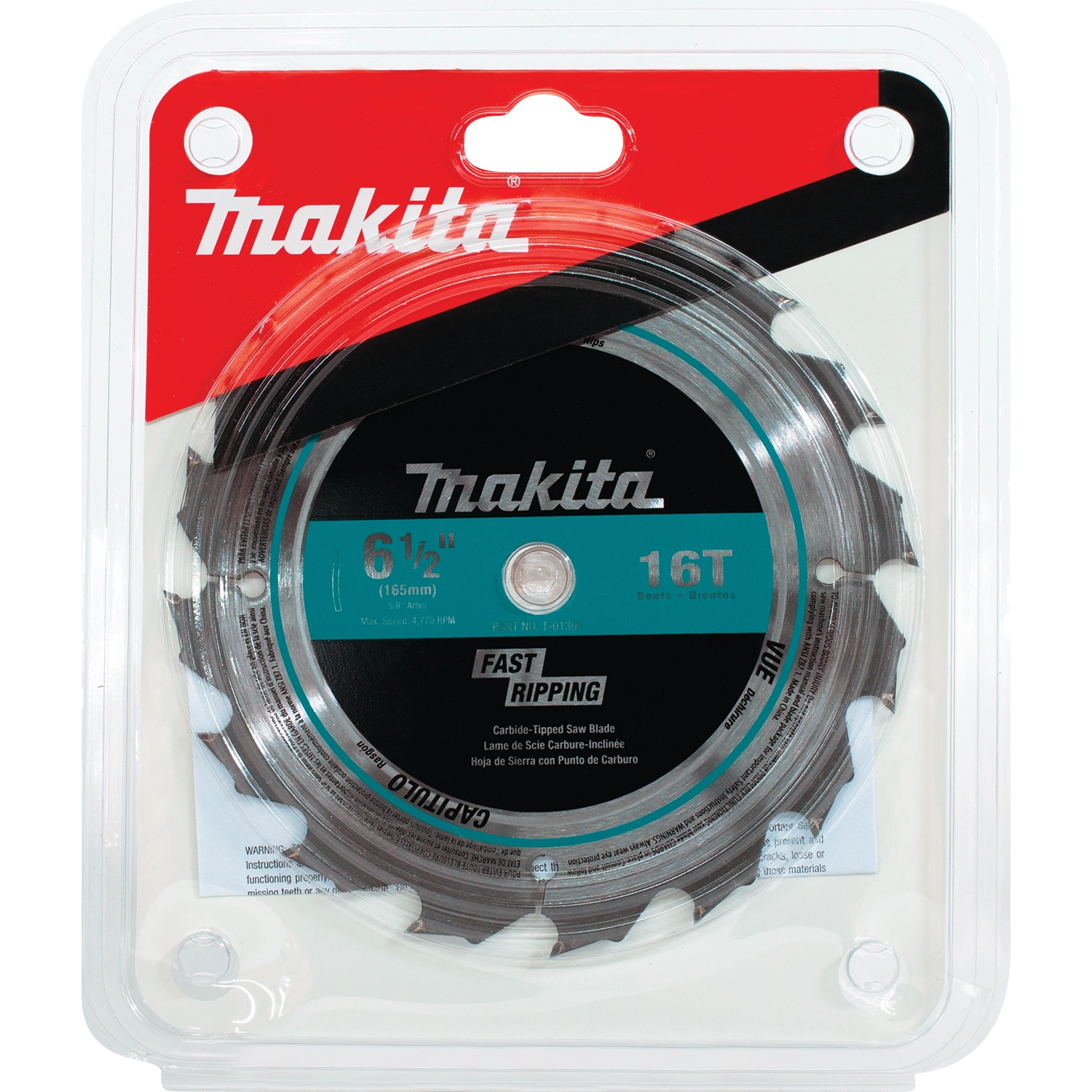 Front of retail package for Makita T-01395 saw blade
