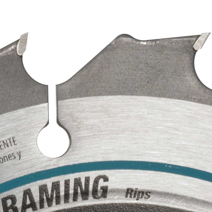 Close-up of carbide-tipped teeth on Makita 16T saw blade
