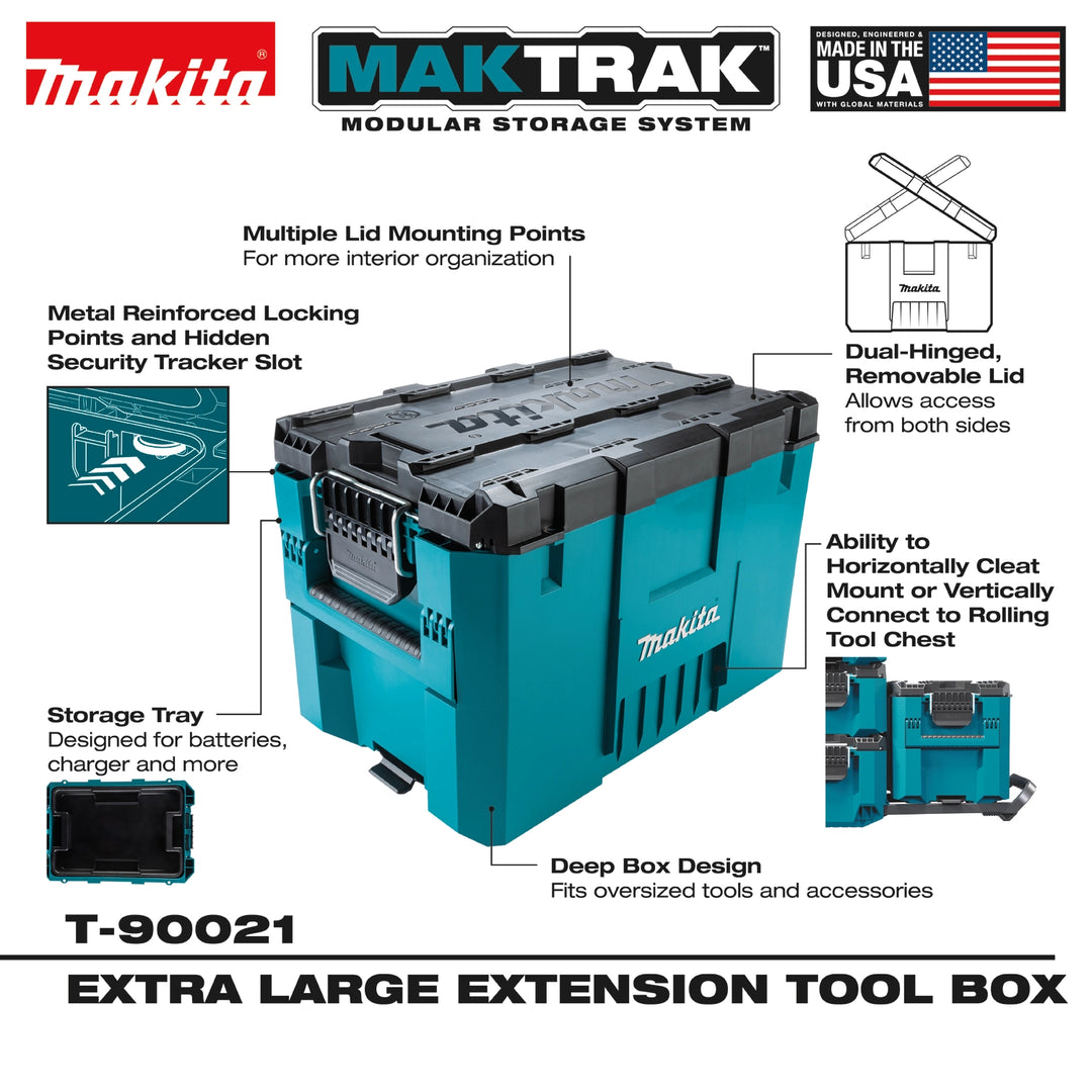 Detailed feature breakdown of Makita T-90021 including copolymer construction, lockable design, and modular compatibility
