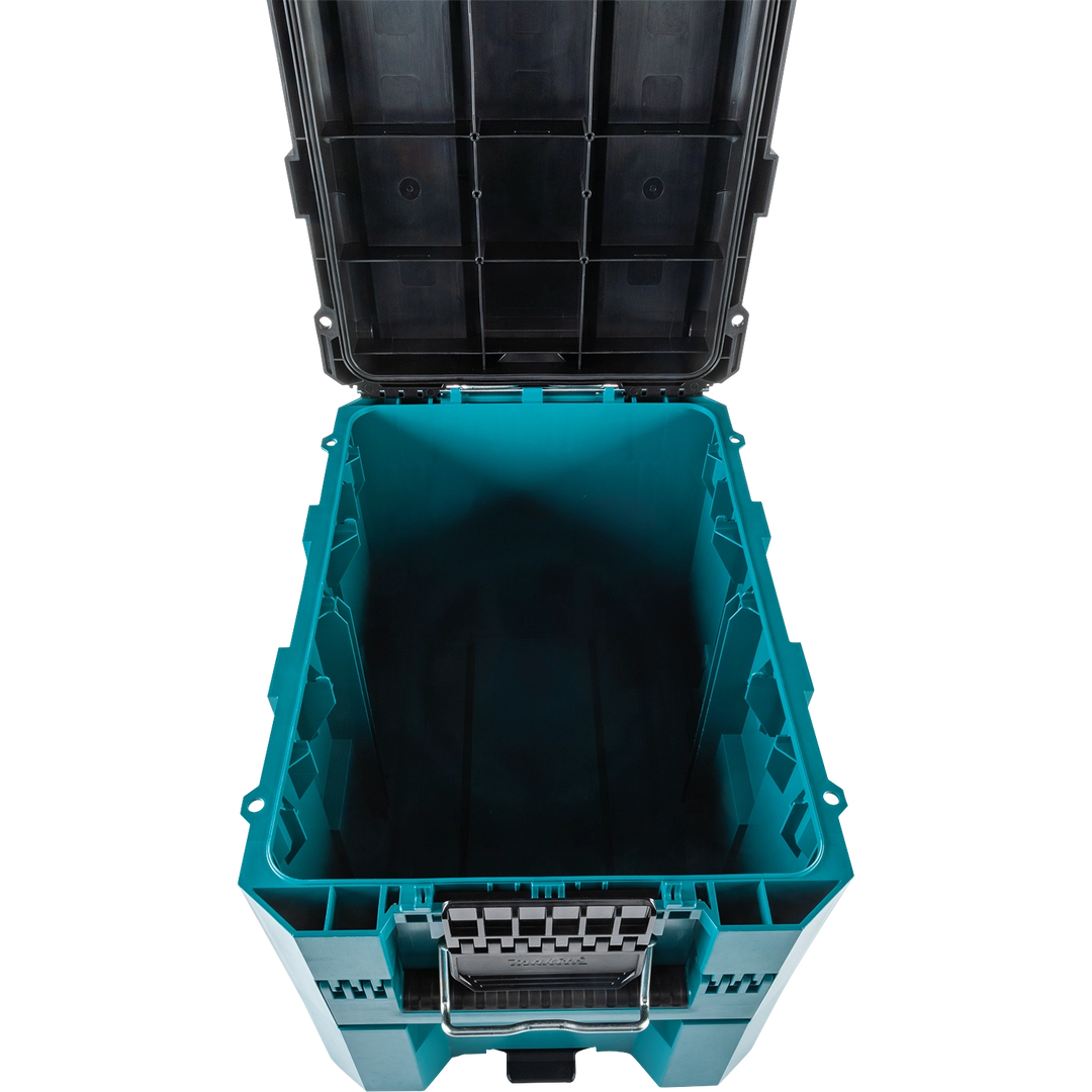 Makita Extra Large Tool Box fully open to reveal deep cargo area and storage tray slot
