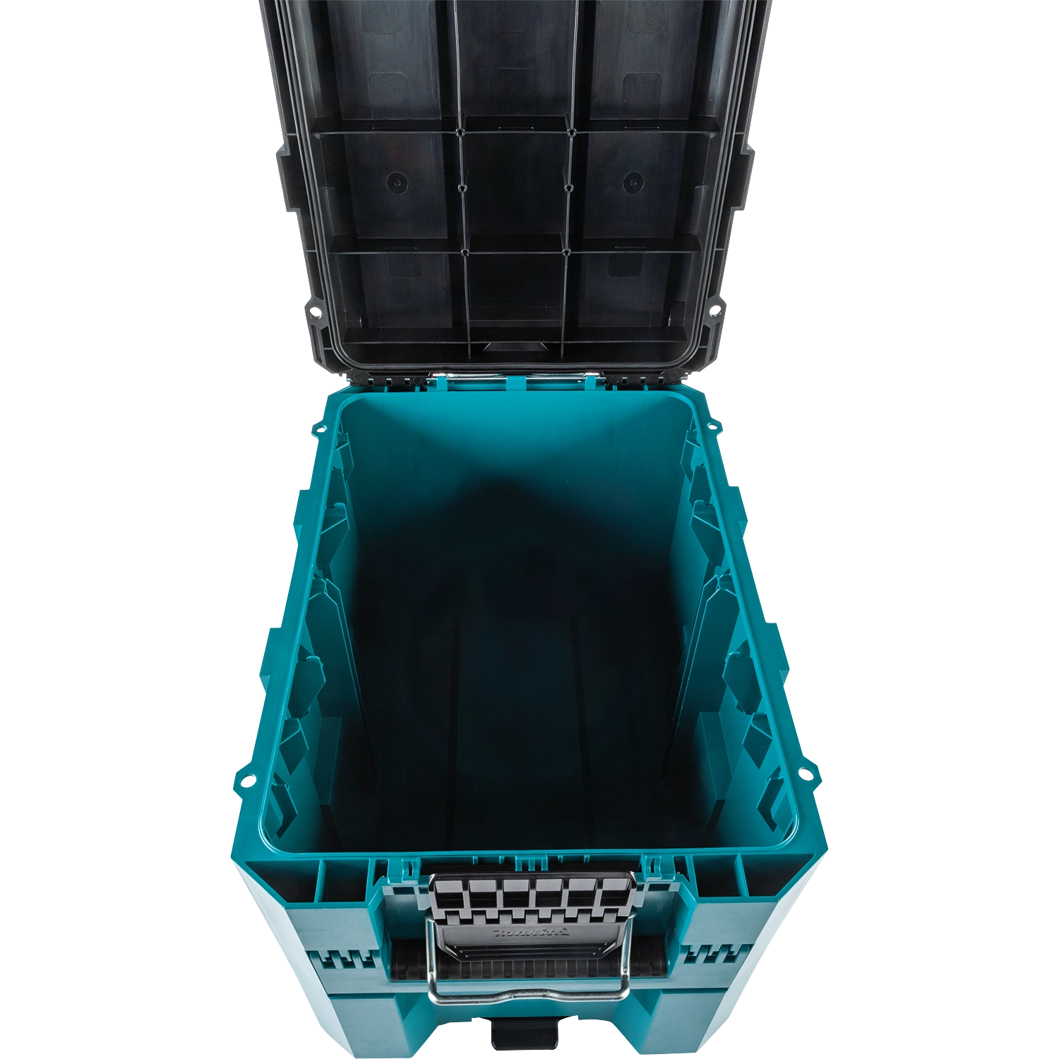 Makita Extra Large Tool Box fully open to reveal deep cargo area and storage tray slot
