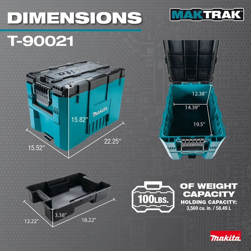 Makita T-90021 with labeled external and internal dimensions for total storage space
