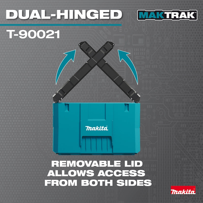 Makita T-90021 lid opened from both sides showcasing dual-hinge design
