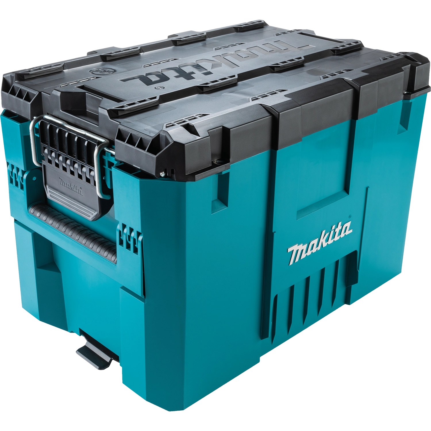 Front view of Makita Extra Large Tool Box showing latches, Makita branding, and rugged design
