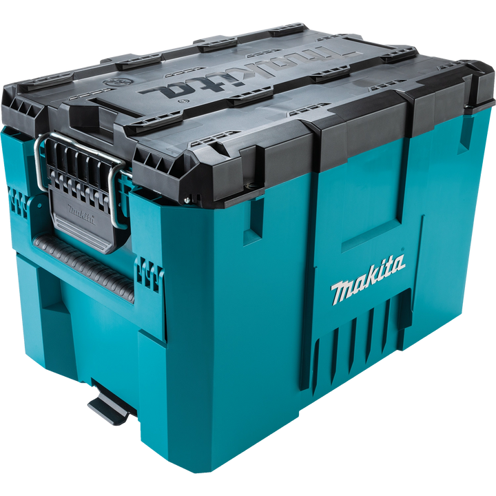 Front view of Makita Extra Large Tool Box showing latches, Makita branding, and rugged design

