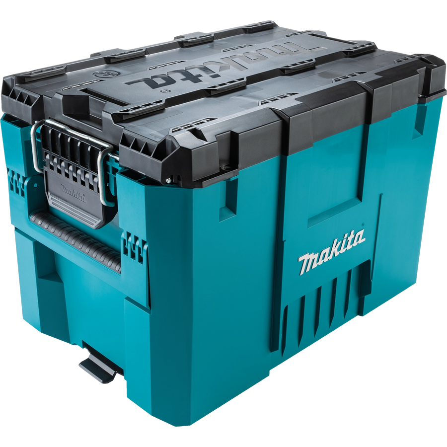 Front view of Makita Extra Large Tool Box showing latches, Makita branding, and rugged design
