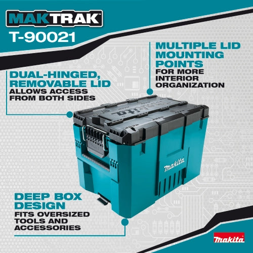 Makita T-90021 Tool Box highlighting features like 100 lb. weight capacity, dual-hinged lid, and removable tray
