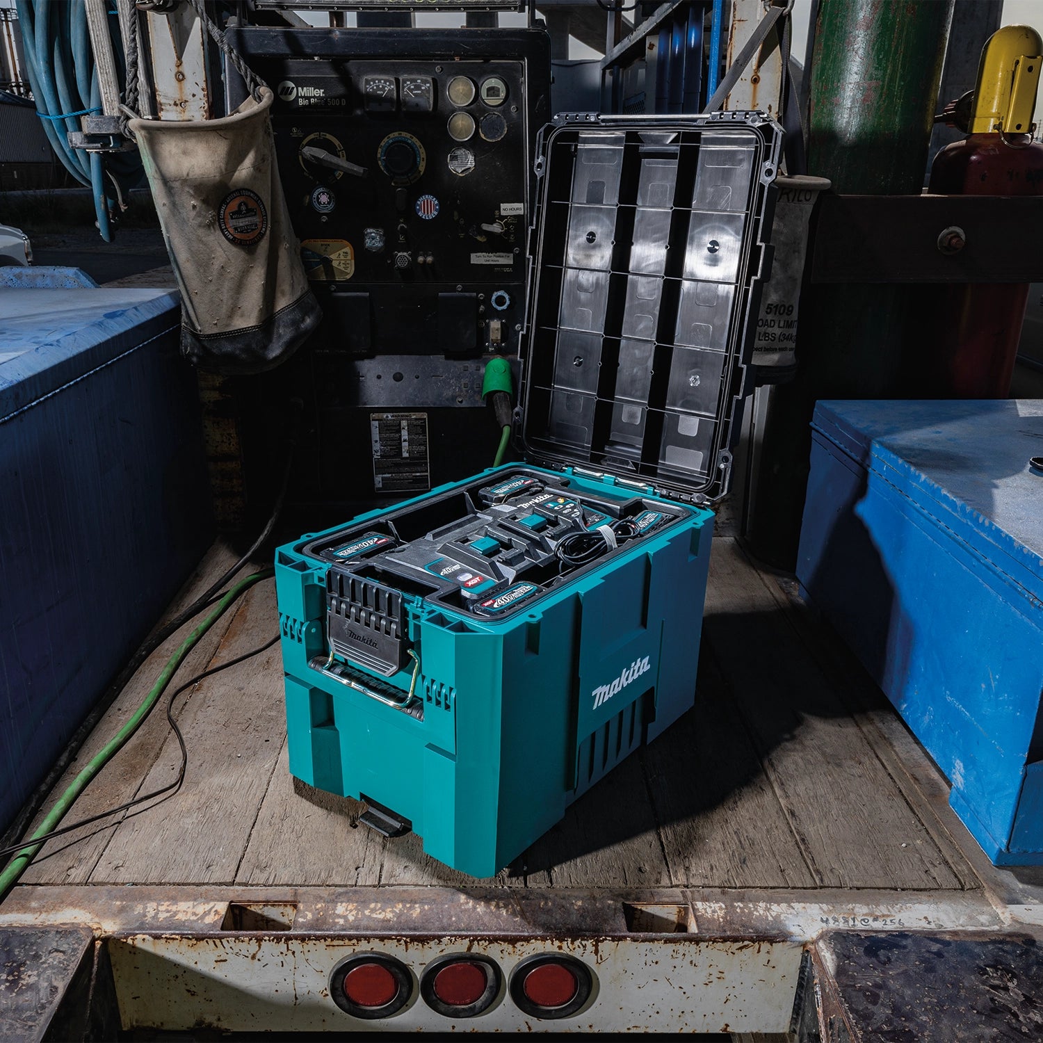 Makita T-90021 Tool Box open to show internal compartment and removable tray
