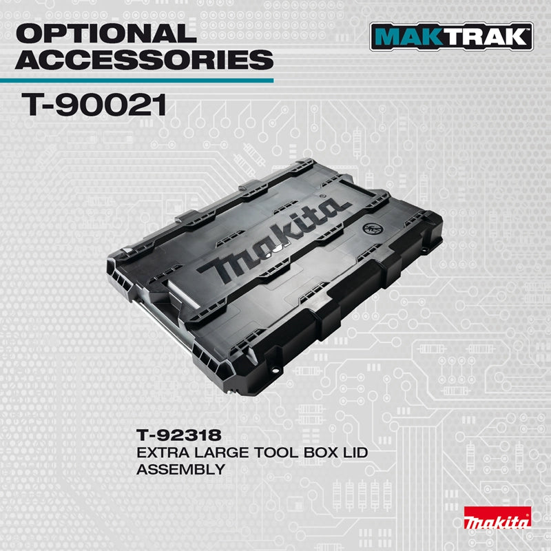 Makita T-90021 shown with compatible MAKTRAK accessories and stackable modular storage units
