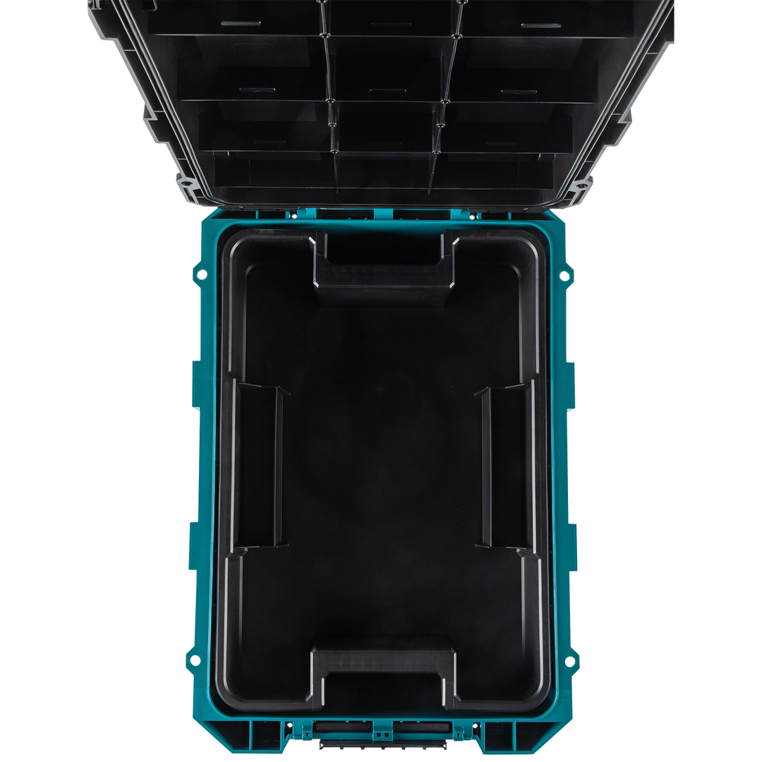 Top-down view of Makita T-90021 showing full internal layout and storage compartments
