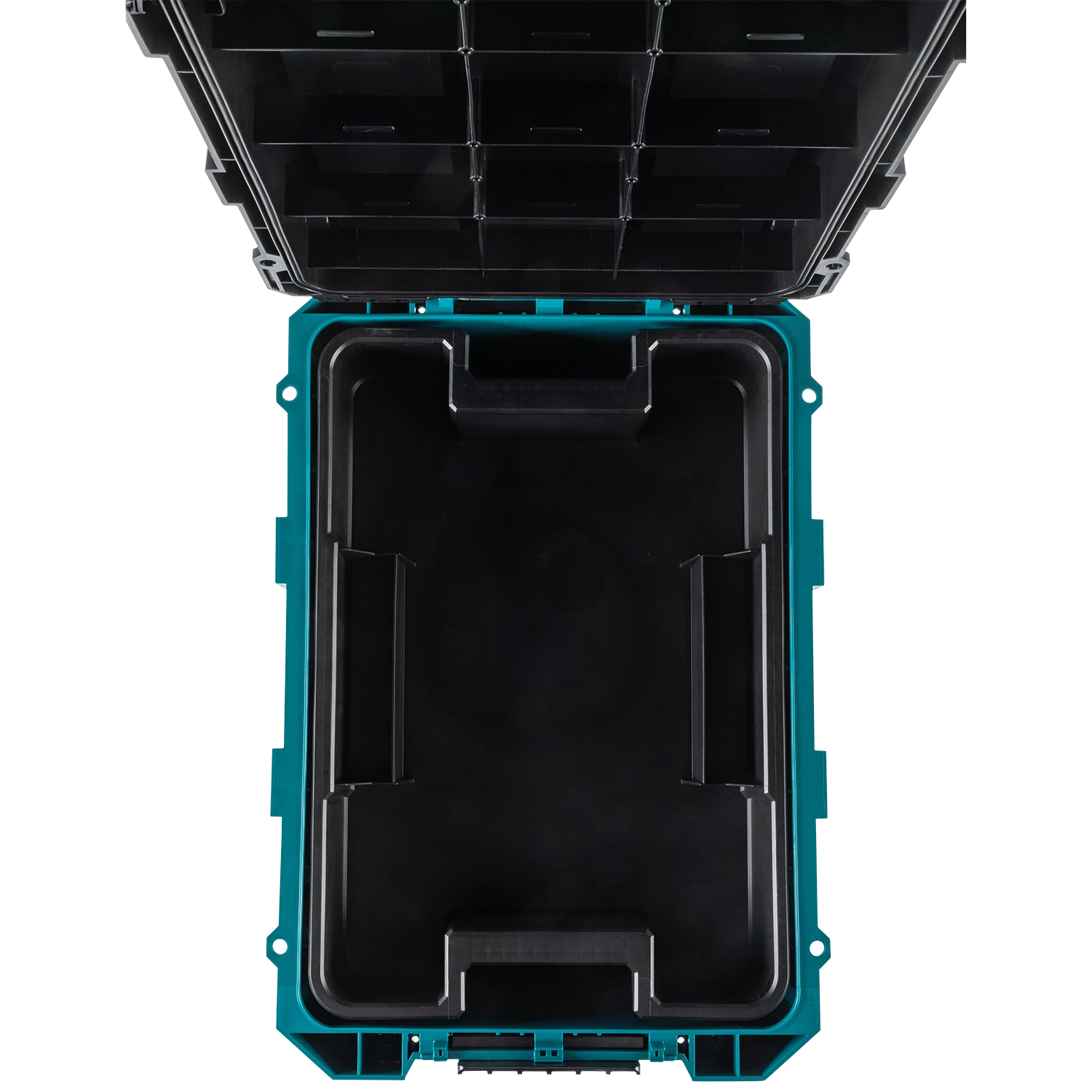 Top-down view of Makita T-90021 showing full internal layout and storage compartments
