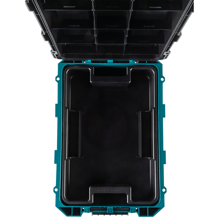 Top-down view of Makita T-90021 showing full internal layout and storage compartments
