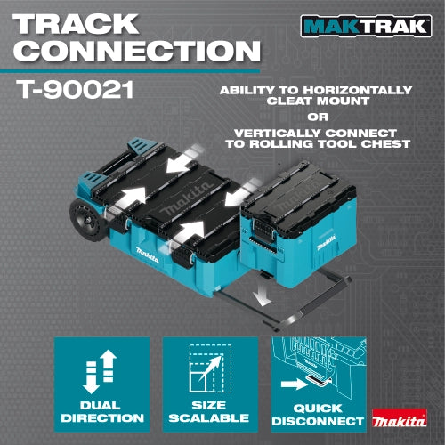 Makita T-90021 connecting to other MAKTRAK modules using dual-direction track connection system
