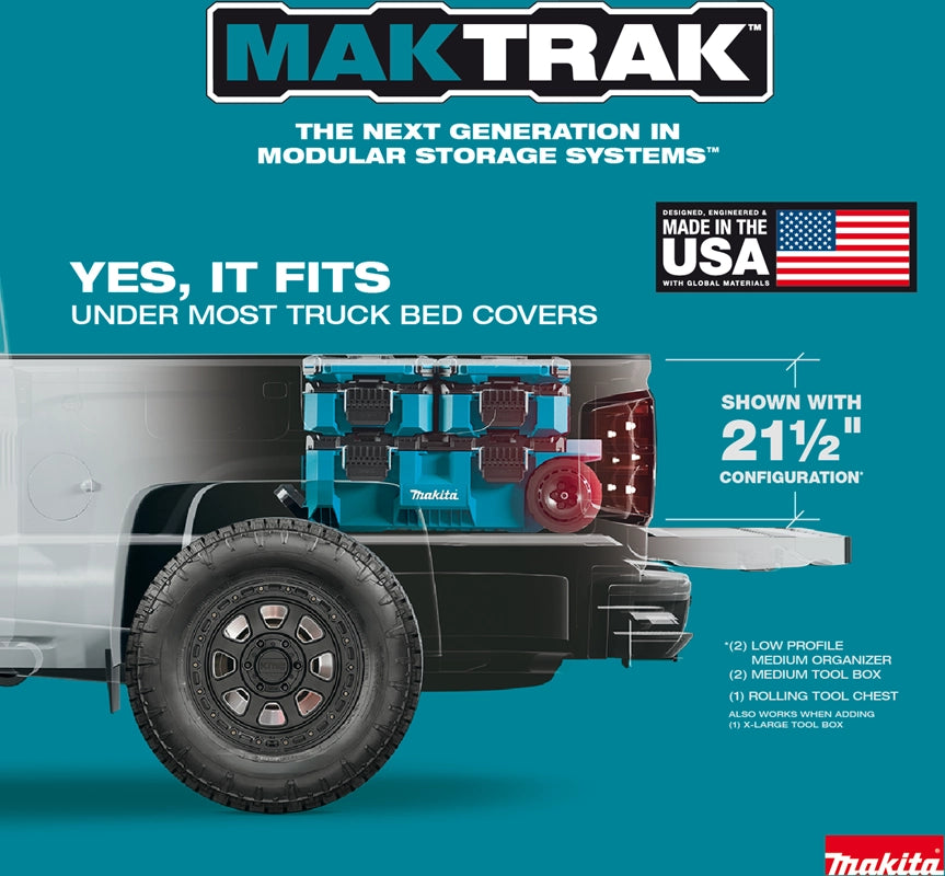 Makita T-90021 fits under standard truck bed cover as part of full MAKTRAK stack
