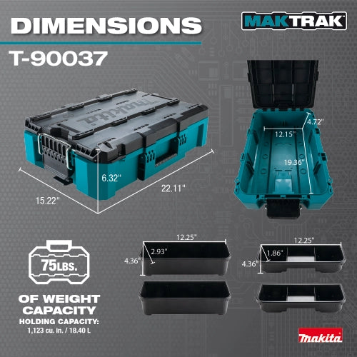 Makita T-90037 tool box with internal and tray dimensions listed
