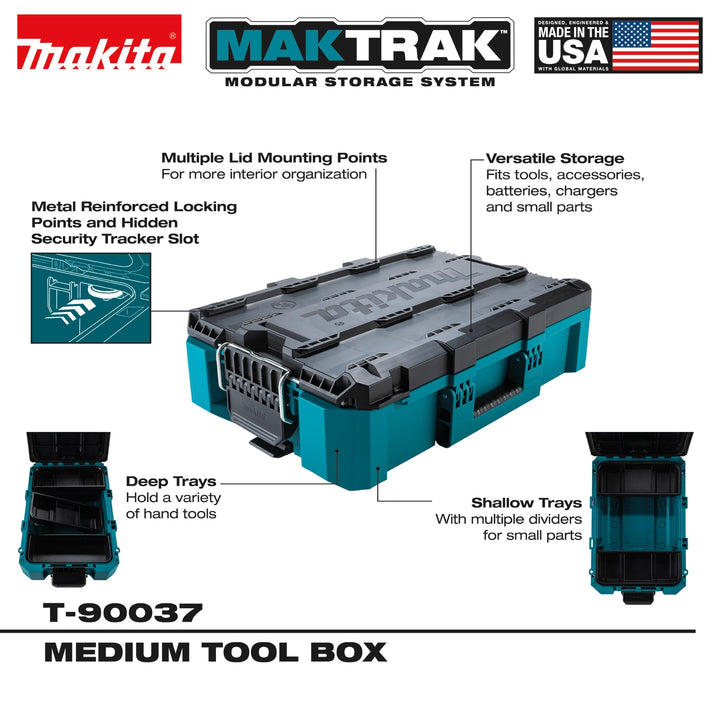 Makita T-90037 modular tool box diagram highlighting storage trays and features
