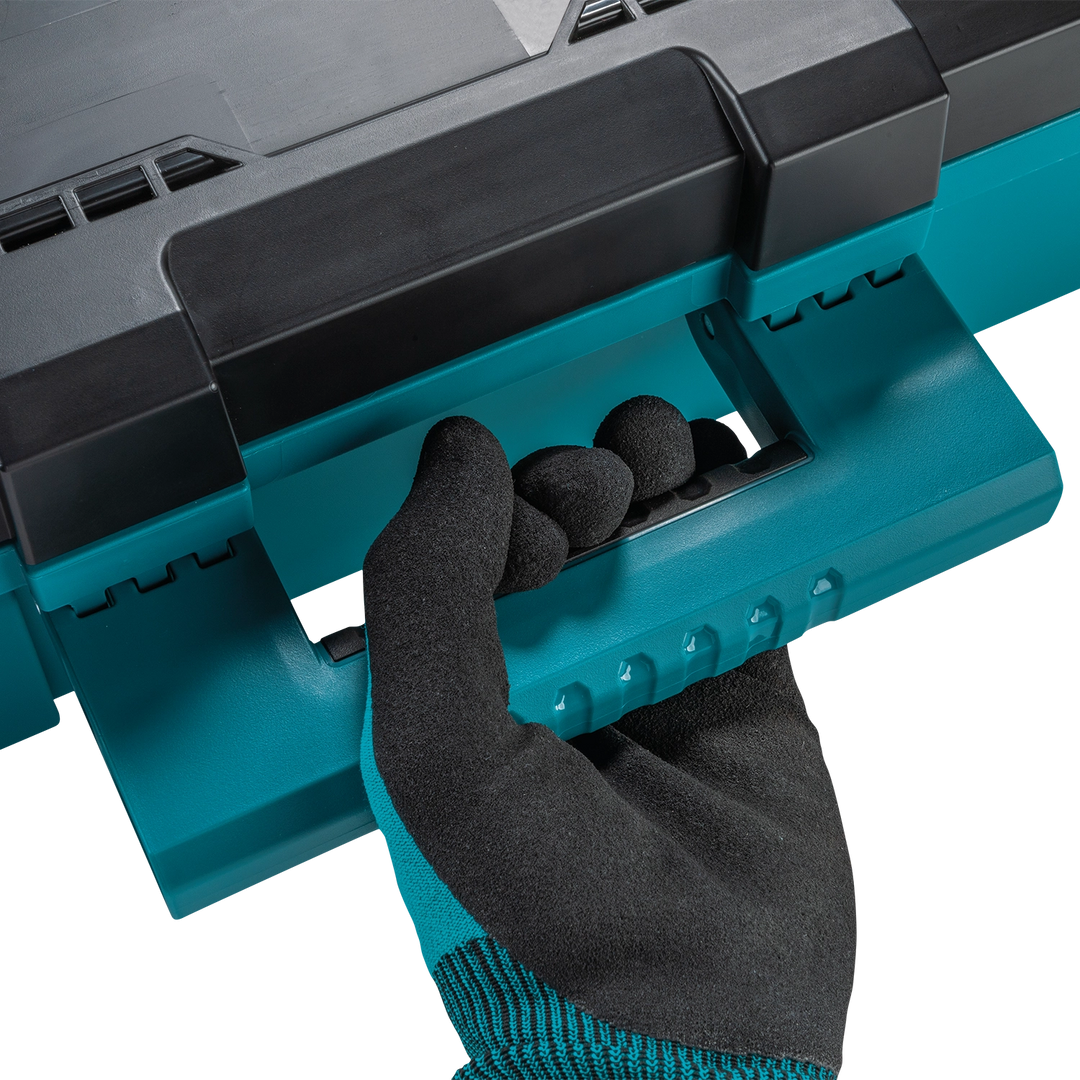Close-up of Makita T-90037 comfort grip handle in use with gloves
