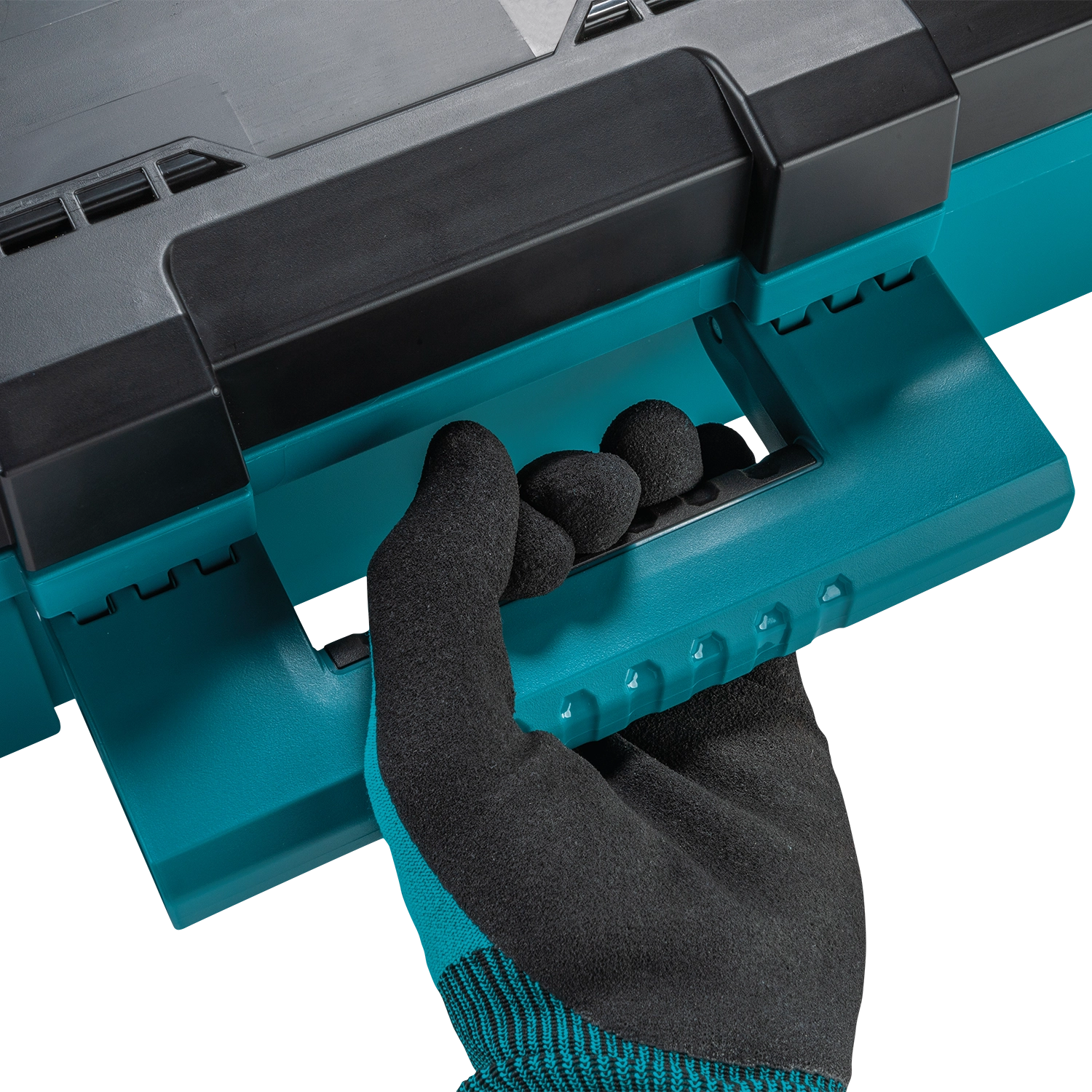 Close-up of Makita T-90037 comfort grip handle in use with gloves
