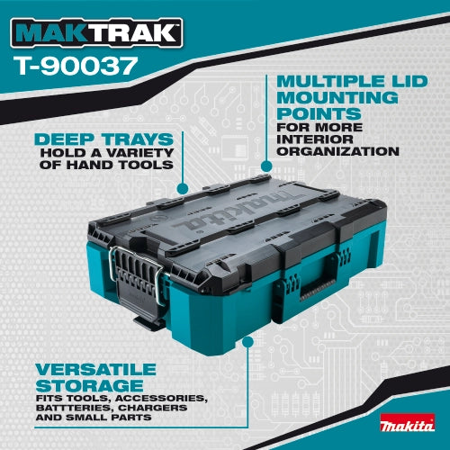 Makita T-90037 Medium Tool Box angled front view with latches and handle
