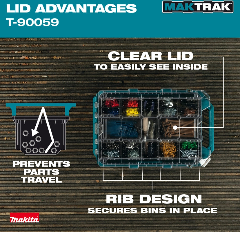 Top-down view of Makita T-90059 MAKTRAK™ organizer showing clear lid with rib design to prevent parts movement and secure bins in place.

