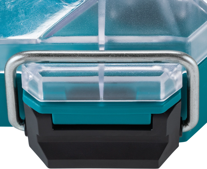Close-up of heavy-duty latch on the Makita T-90059 MAKTRAK™ Organizer for secure closure and jobsite durability

