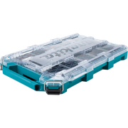 Makita T-90059 MAKTRAK organizer with clear lid and teal base, shown closed from a front-side angle

