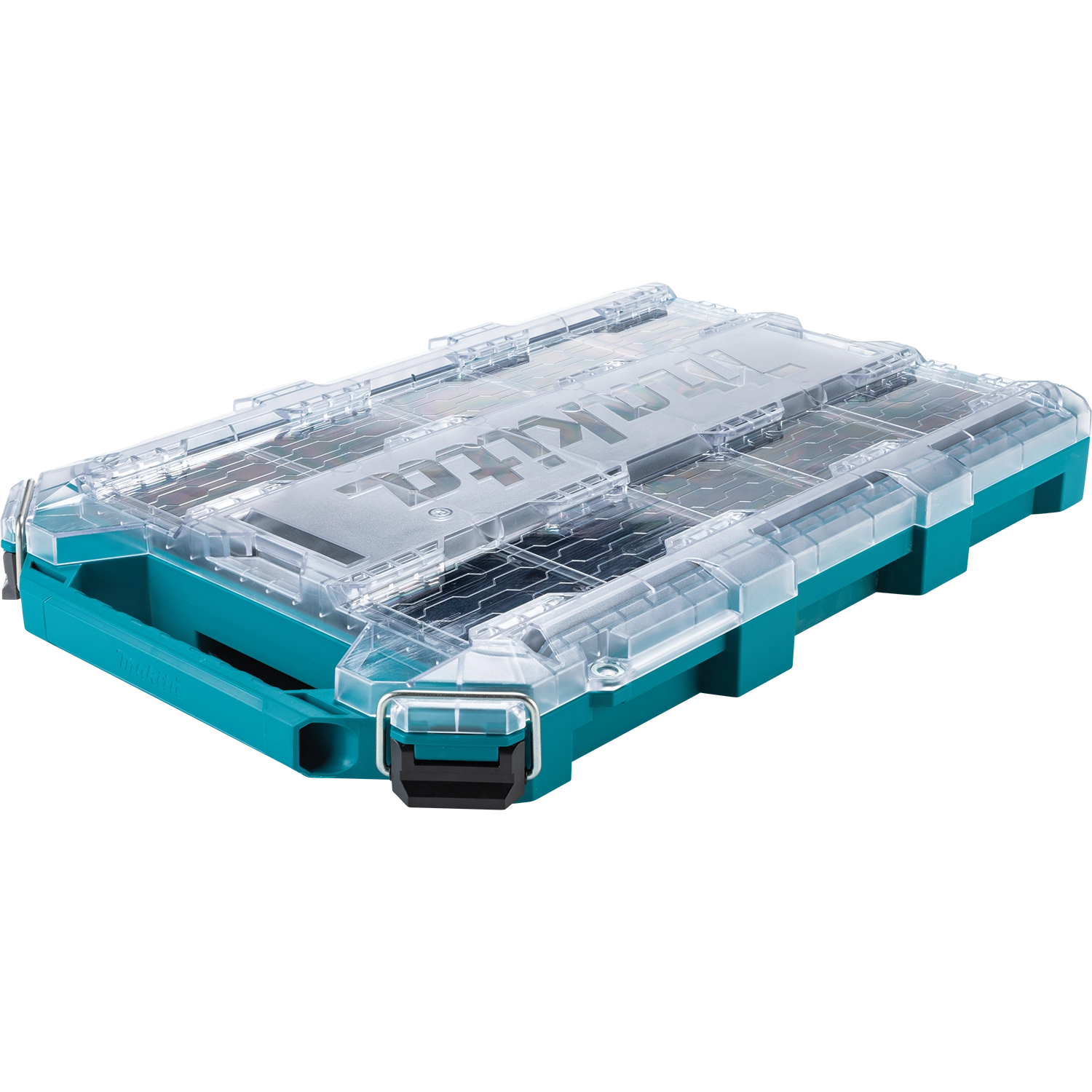 Makita T-90059 MAKTRAK organizer with clear lid and teal base, shown closed from a front-side angle

