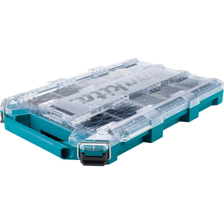 Makita T-90059 MAKTRAK organizer with clear lid and teal base, shown closed from a front-side angle

