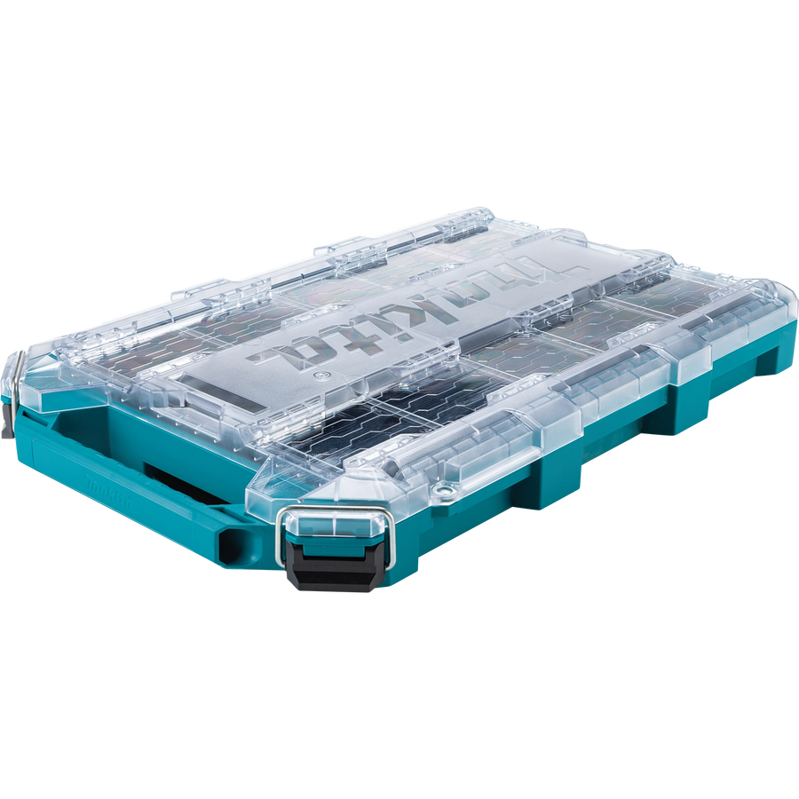 Makita T-90059 MAKTRAK organizer with clear lid and teal base, shown closed from a front-side angle

