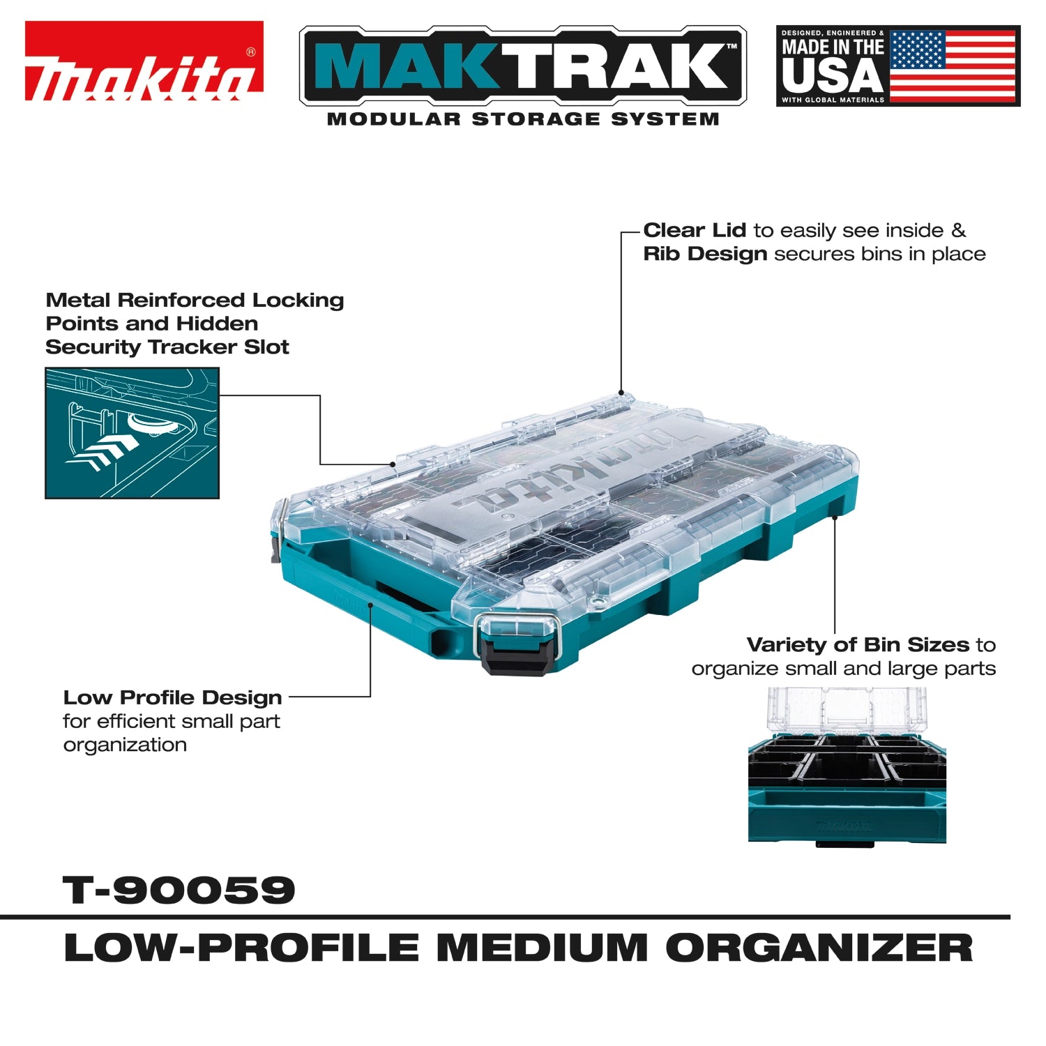 Makita T-90059 MAKTRAK Low-Profile Medium Organizer with labeled features including clear lid, bin sizes, locking points, and low-profile design

