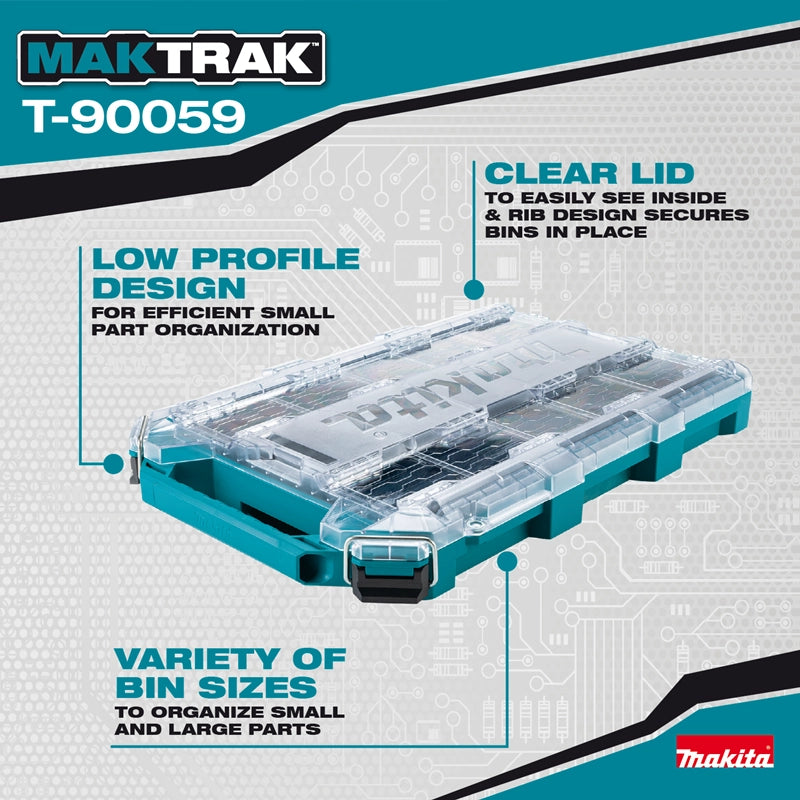 Makita T-90059 MAKTRAK organizer with clear lid, low-profile design, and labeled callouts for bin sizes and secure storage