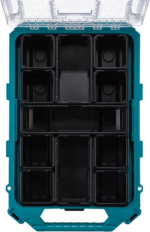 Top-down view of Makita T-90059 MAKTRAK Organizer with lid open, showing 11 removable bins of various sizes for tool and part storage


