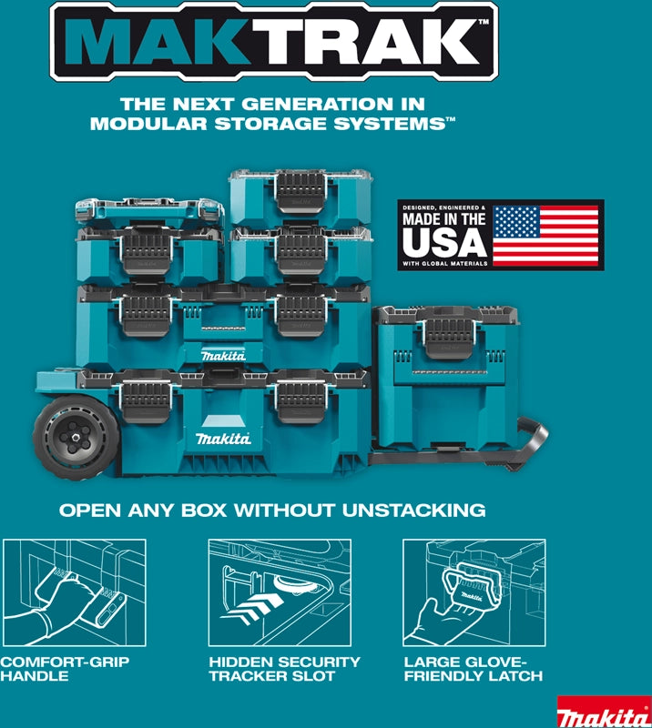 Stacked Makita MAKTRAK modular toolboxes showcasing comfort-grip handles, hidden security tracker slot, and large glove-friendly latches; labeled “Made in the USA.”

