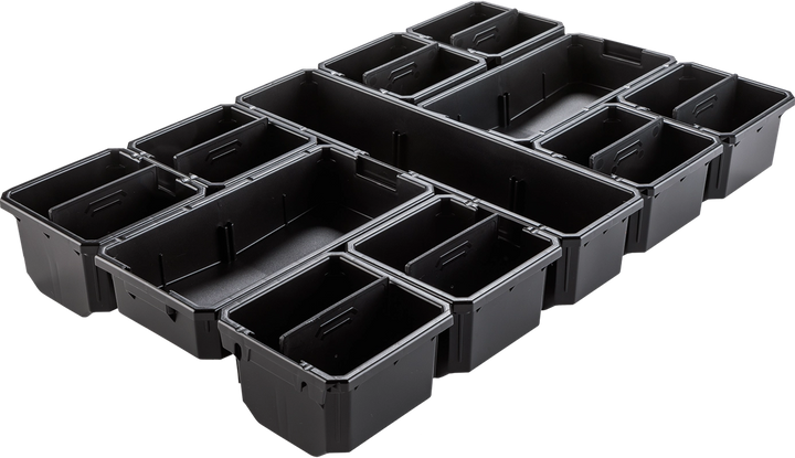 Close-up of 11 removable black bins from the Makita T-90059 Organizer, arranged by size for modular storage

