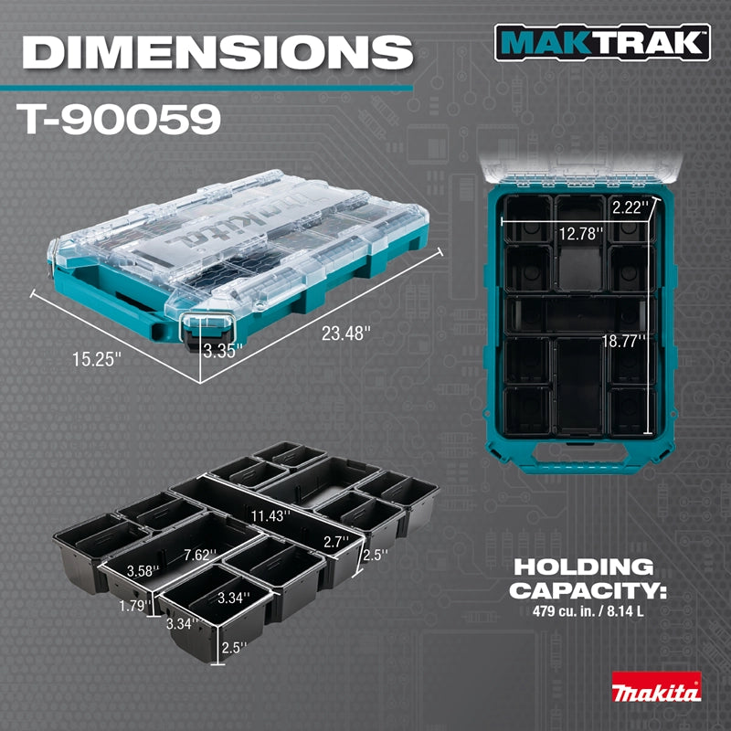 Makita T-90059 MAKTRAK™ Organizer shown with full product dimensions and bin measurements; includes holding capacity of 479 cu. in.


