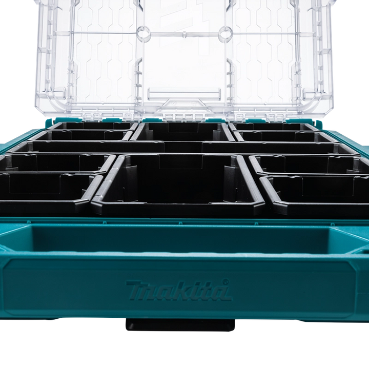Low-angle front view of Makita T-90059 MAKTRAK Organizer with open lid, showcasing modular bins and embossed Makita logo

