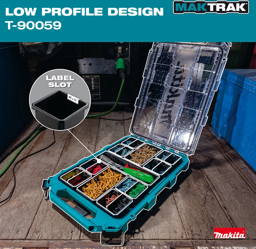 Makita T-90059 MAKTRAK™ Organizer open on jobsite floor with labeled bins storing screws, connectors, and tools

