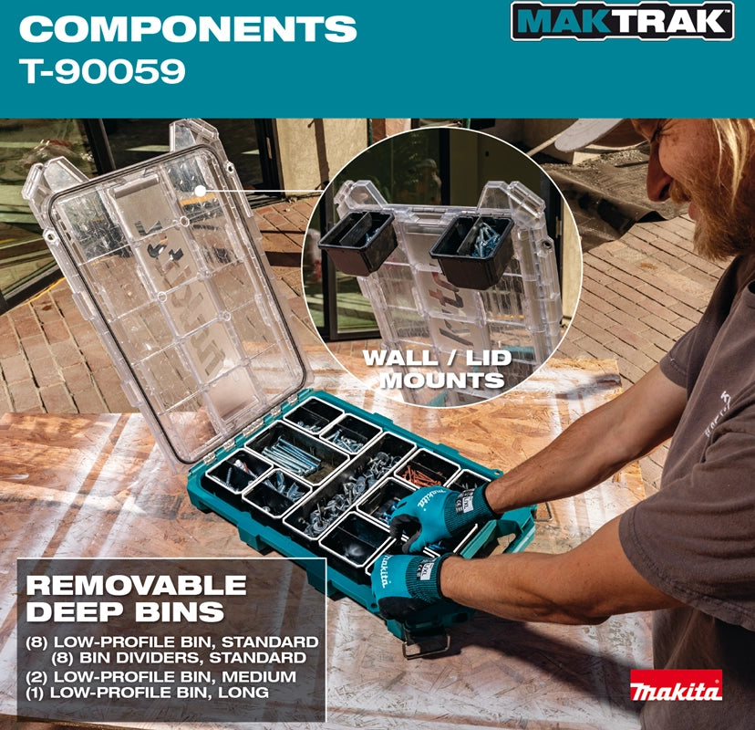 Contractor removing deep bins from Makita T-90059 MAKTRAK™ Organizer; inset highlights wall/lid mountable bins for versatile use.

