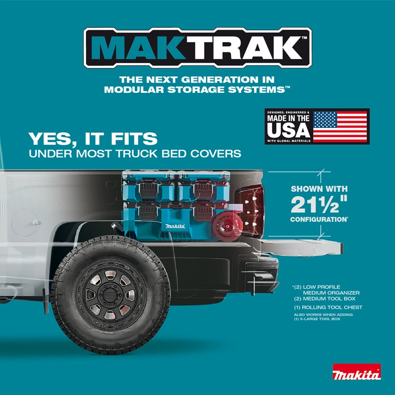 Makita MAKTRAK modular storage system shown fitting under a truck bed cover with a 21½" stacked configuration of organizers and toolboxes.