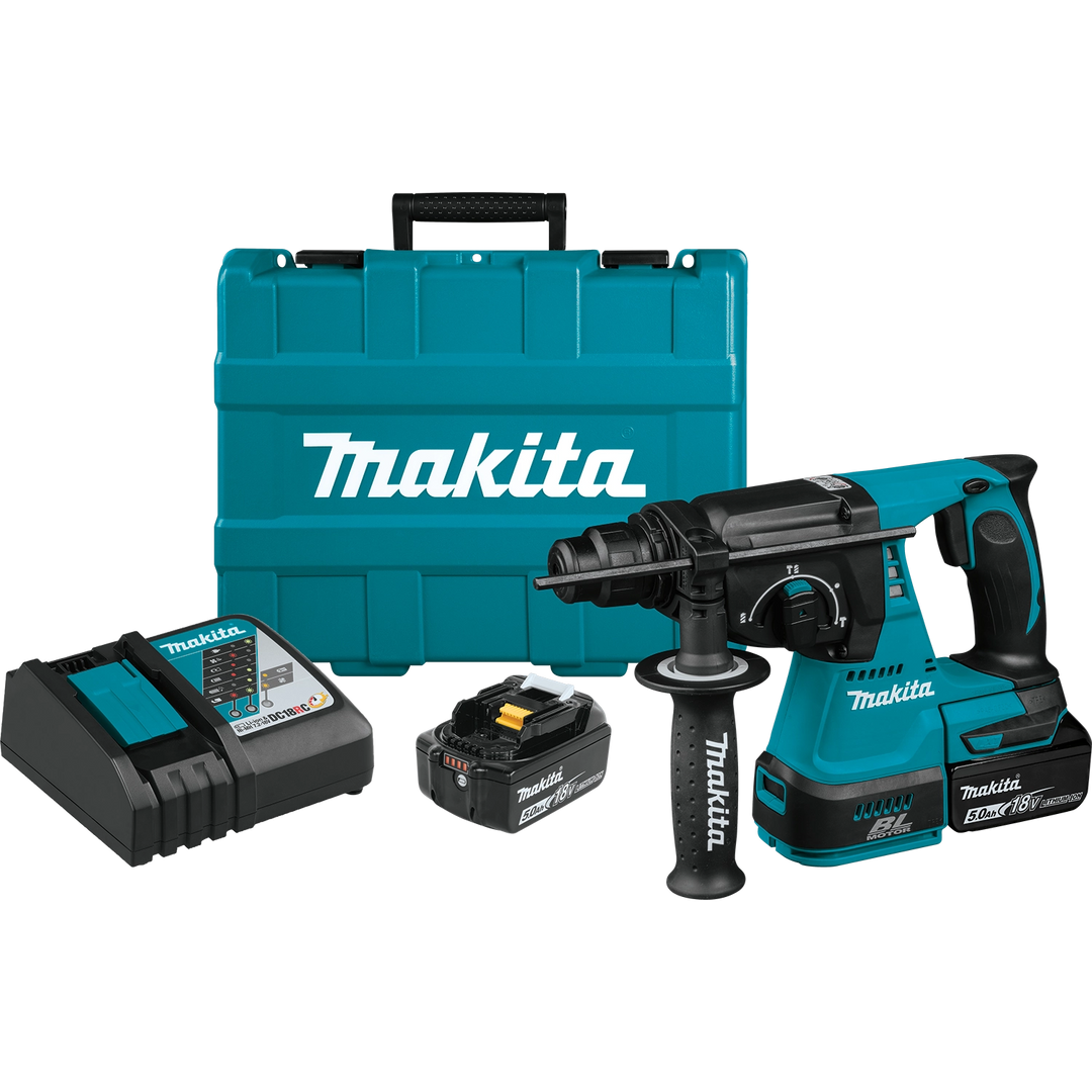 Complete Makita tool kit with tool, batteries, charger, and accessories arranged
