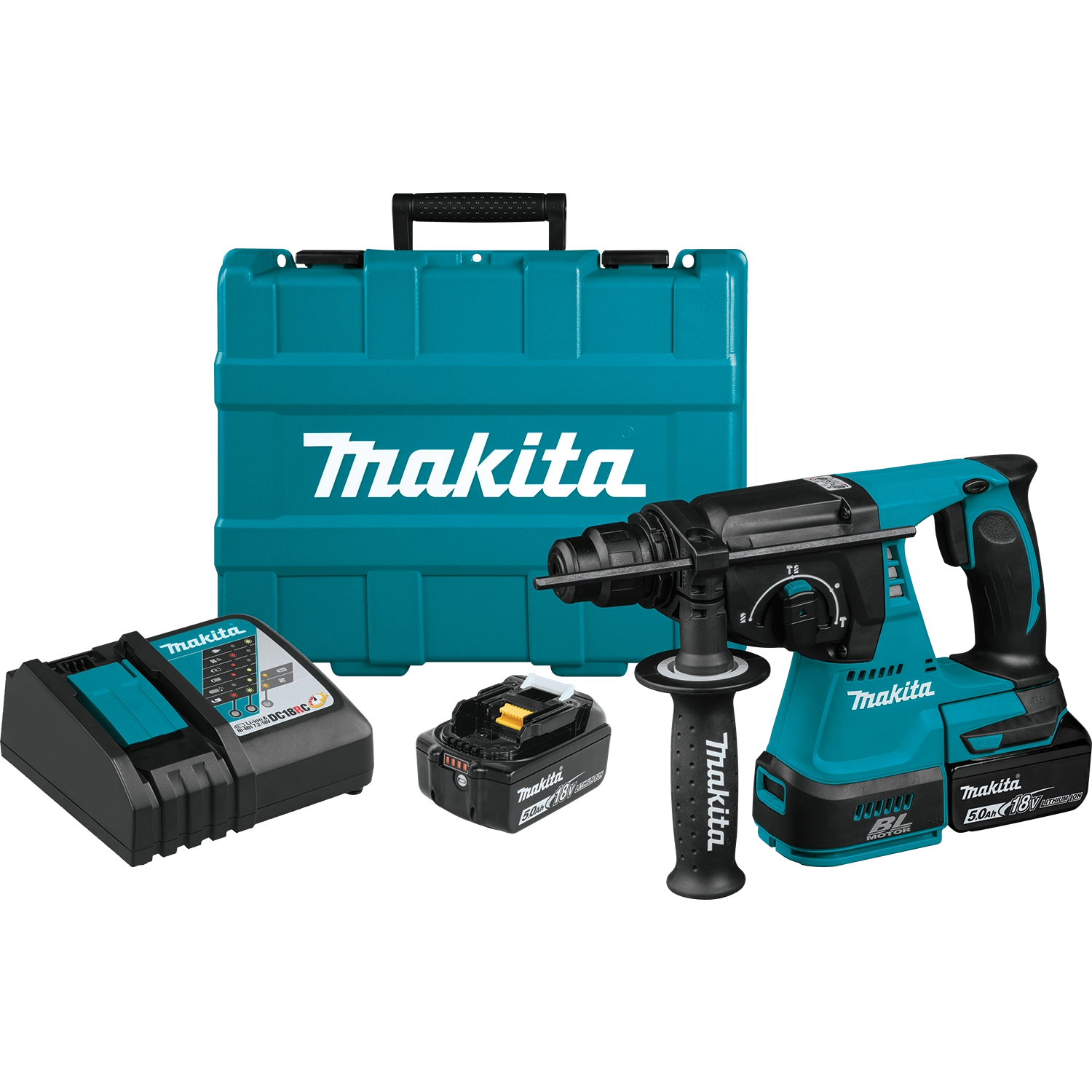 Complete Makita tool kit with tool, batteries, charger, and accessories arranged
