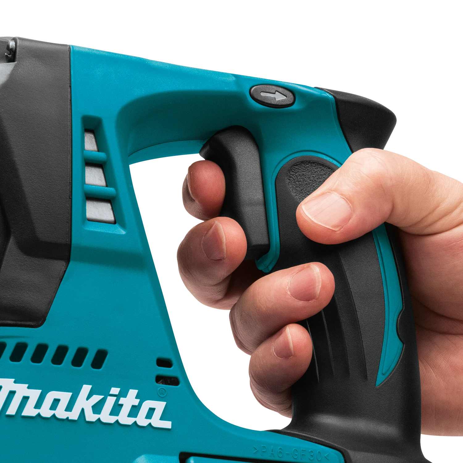 Trigger area of Makita cordless tool with soft-grip and variable speed control
