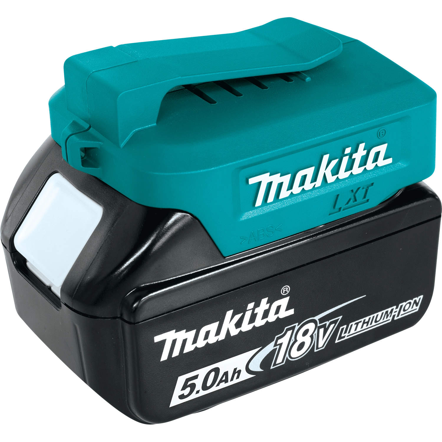 Angled view of Makita USB adapter attached to battery
