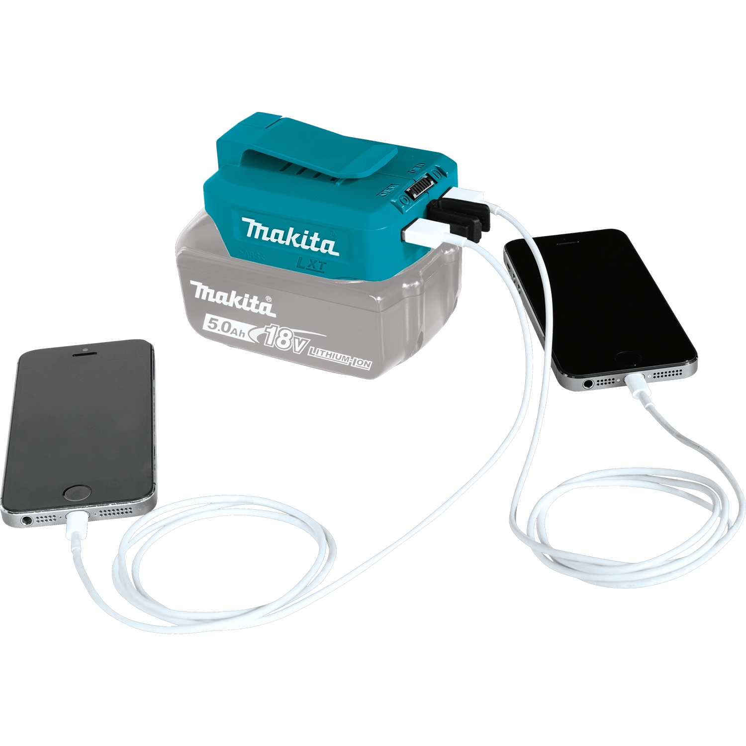 Two phones plugged into dual USB ports of Makita adapter
