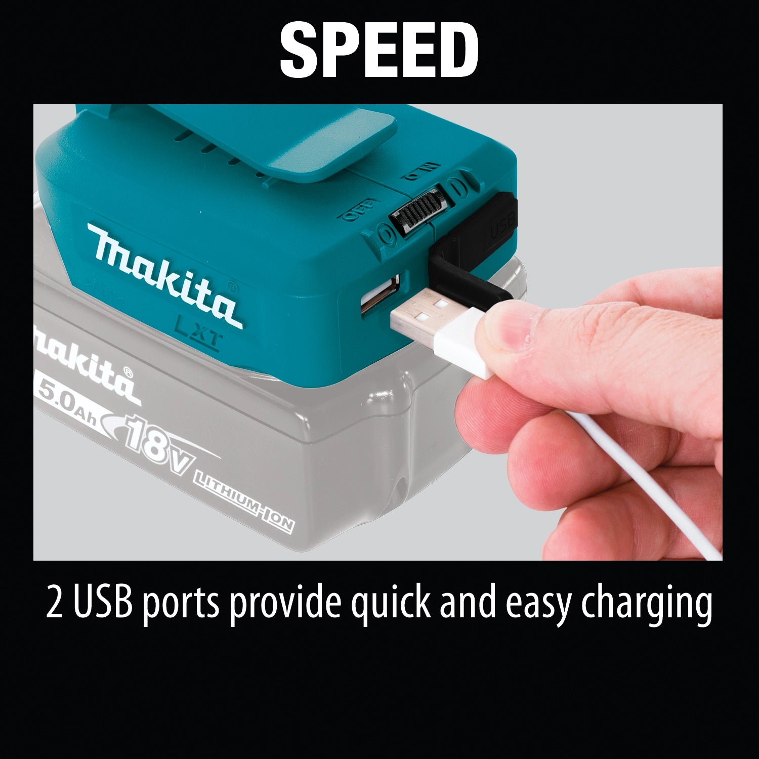 Highlighting fast charging speed of Makita USB adapter
