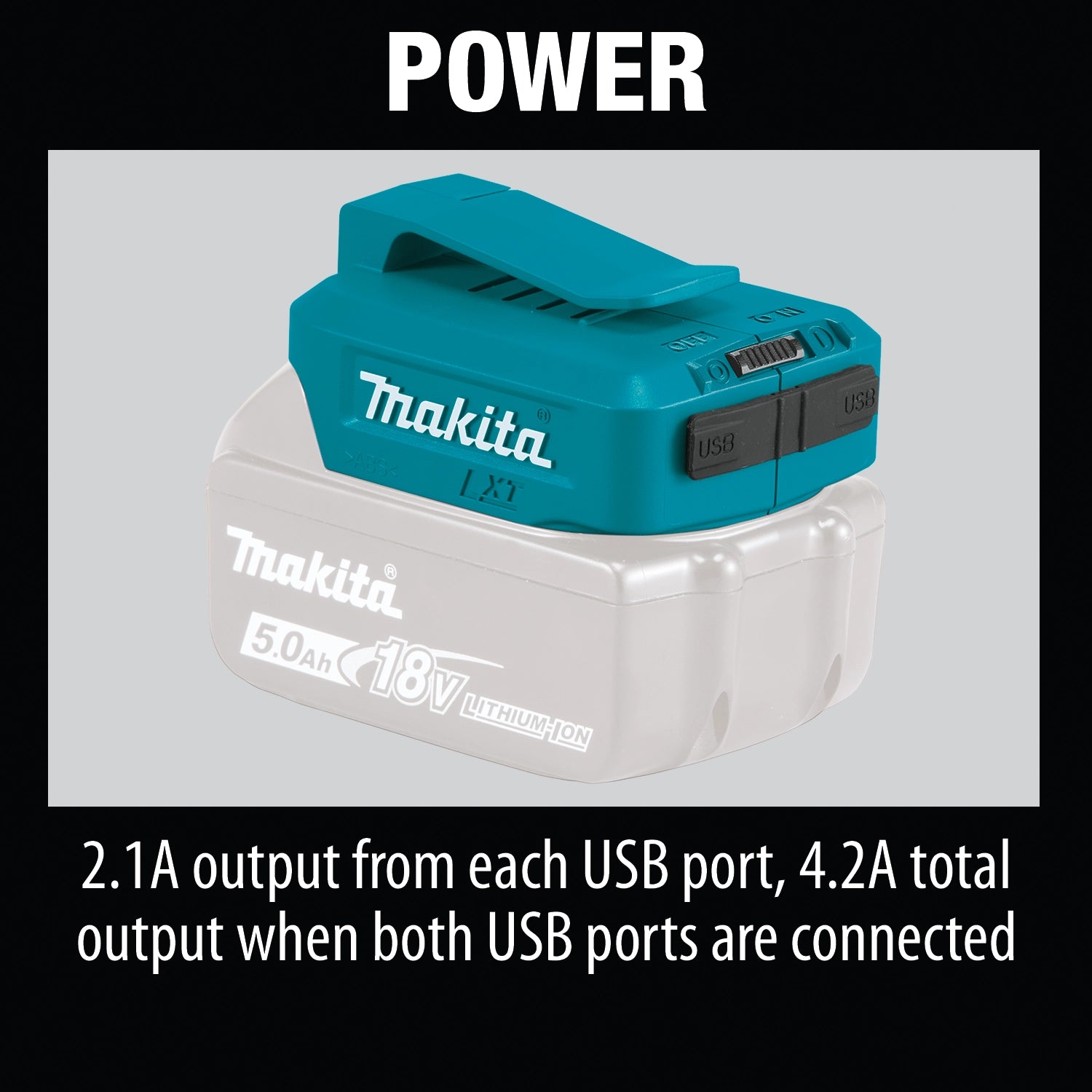 Makita USB adapter clipped to user’s belt loop for easy access
