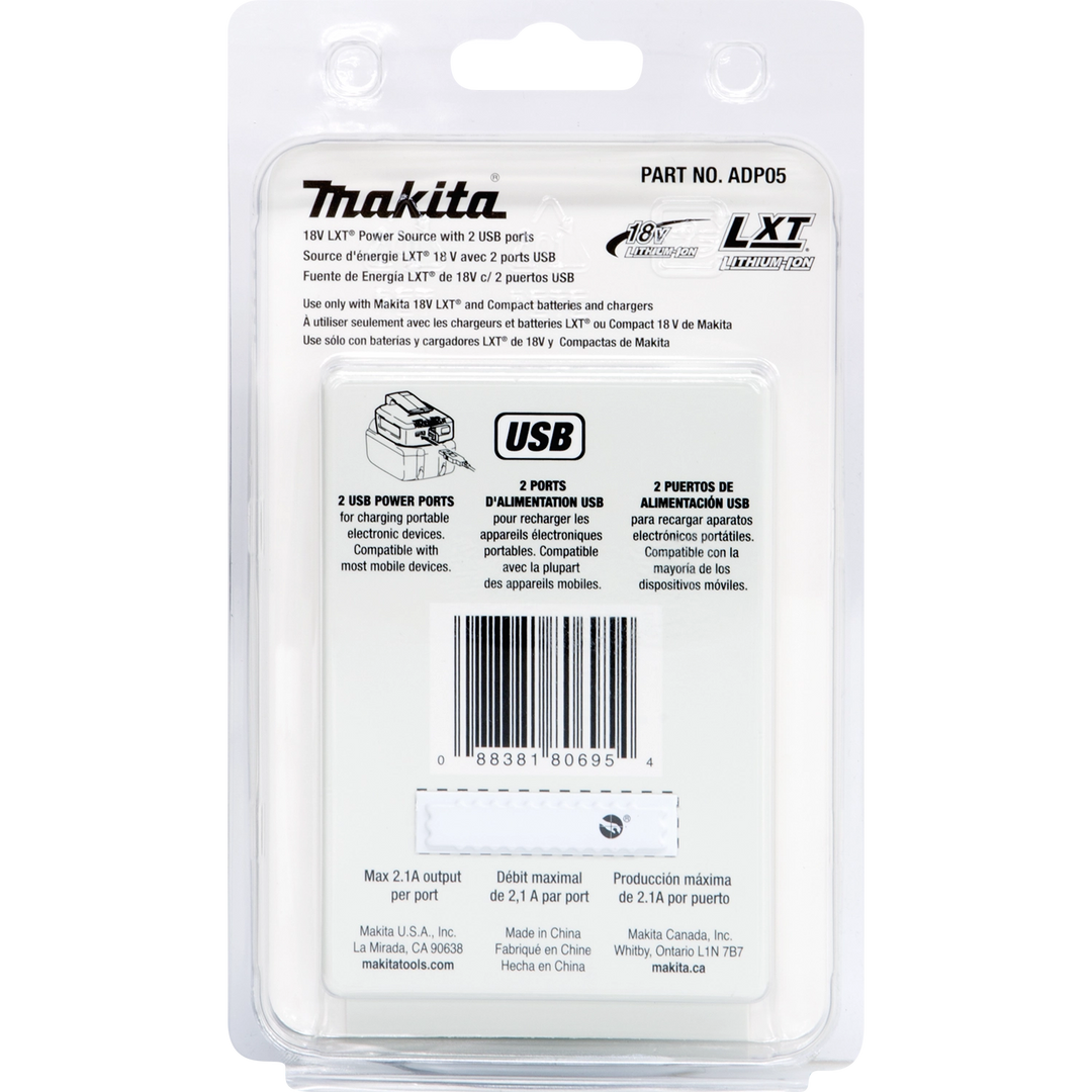 Makita USB adapter package, back with product specs visible
