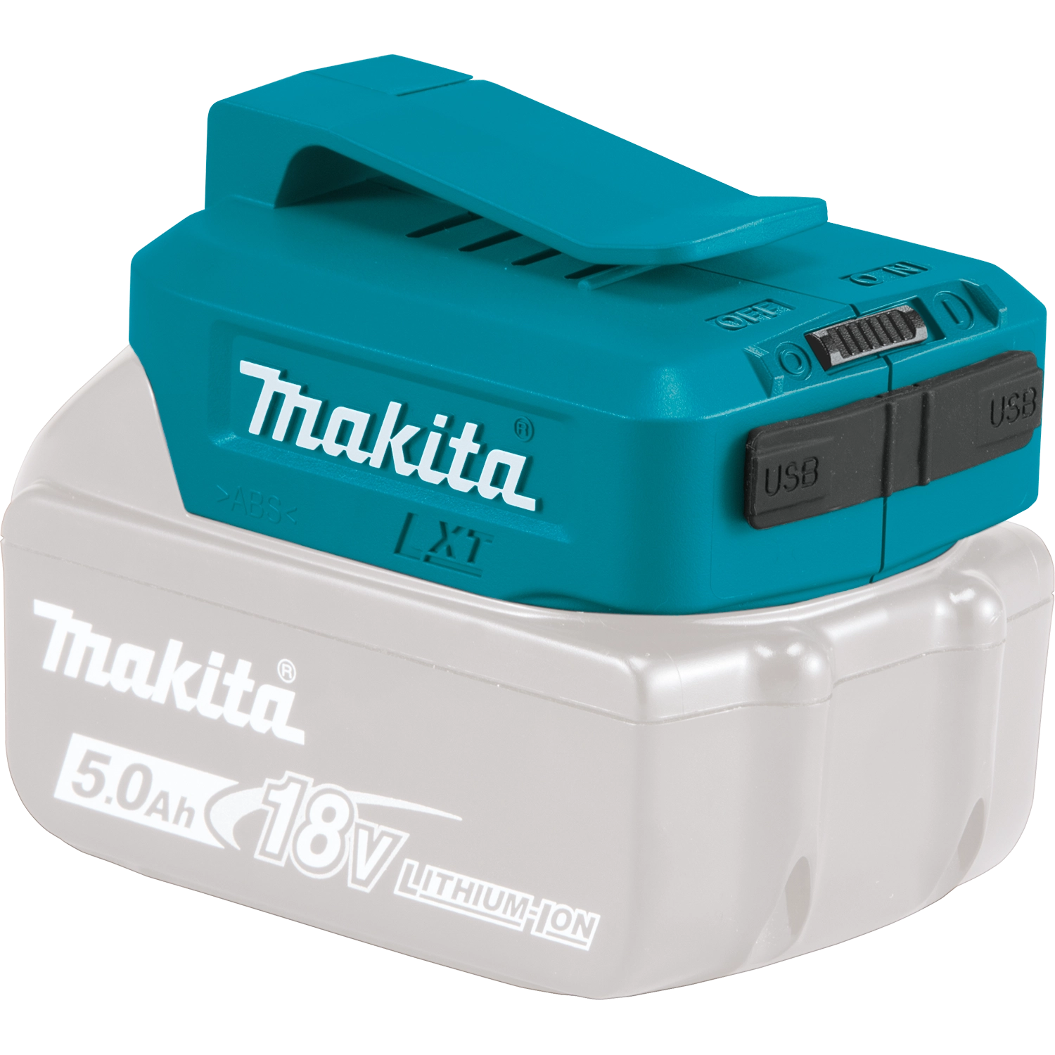 Makita USB adapter mounted on 18V LXT battery
