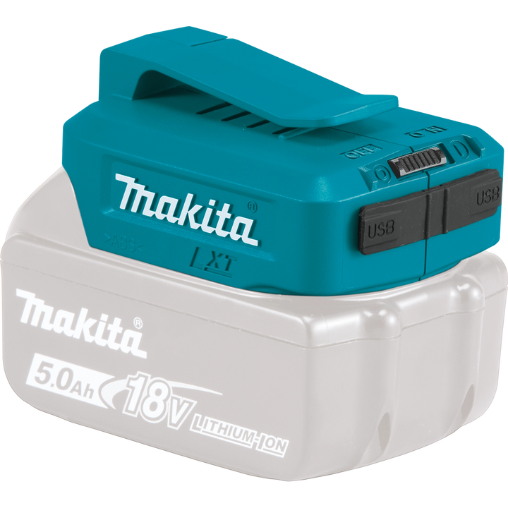 Makita USB adapter mounted on 18V LXT battery
