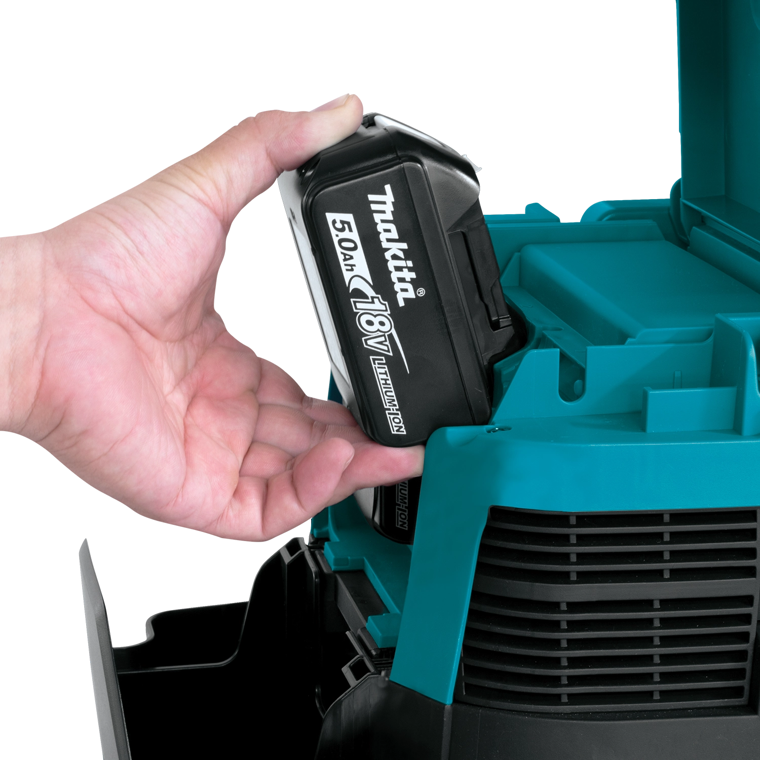 two 18v lxt batteries inserted inside makita 36v dust extractor battery compartment
